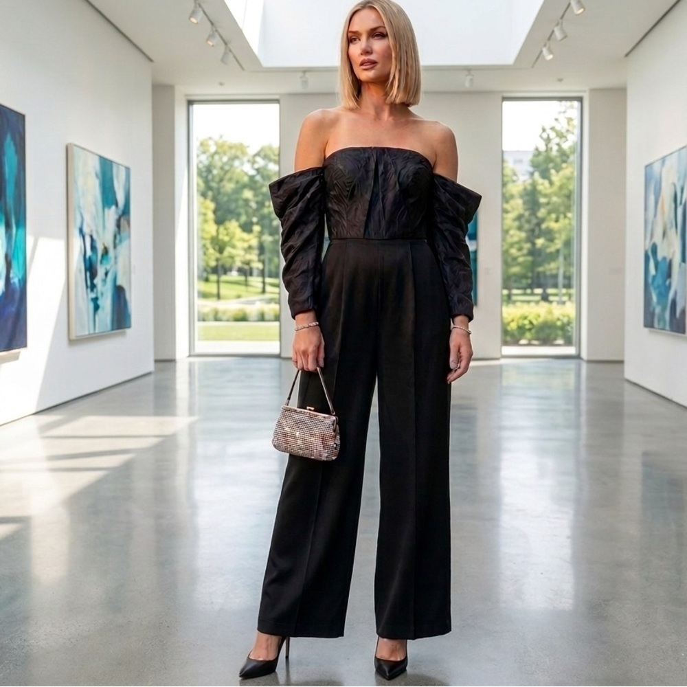 Flor Et Al Jumpsuit Off Shoulder Taffeta Polyester Formal Black Tie 4 NWT $695
